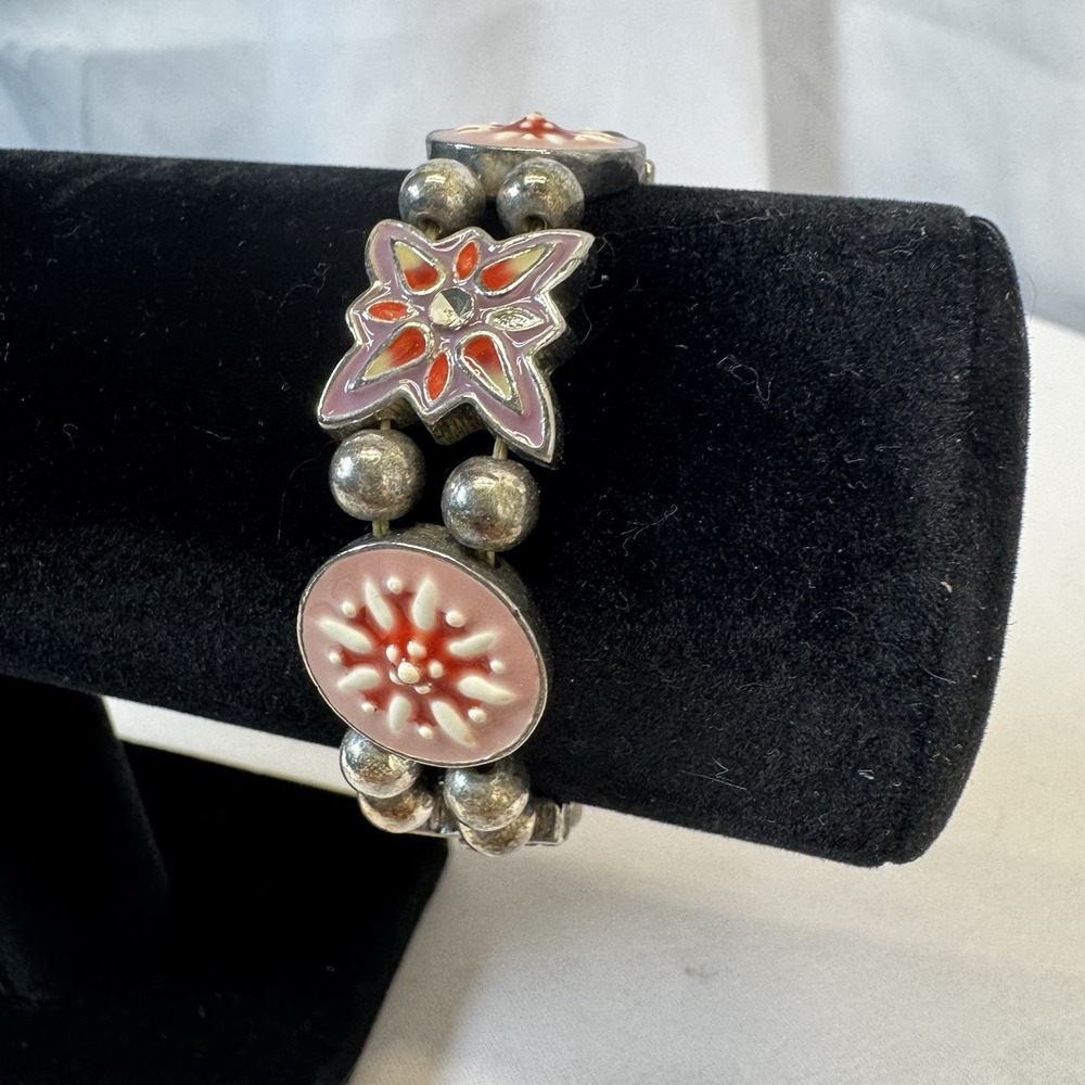 Vintage Silver Tone Stretch Bracelet Pink, Red, Purple‎ & White